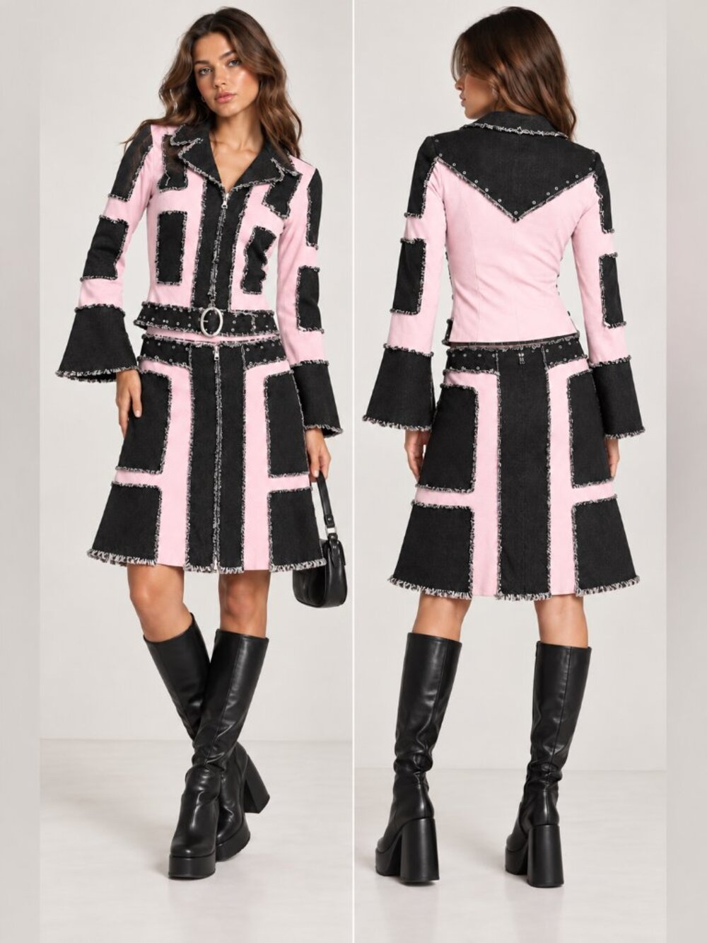 Y2K Hollywood The Jean People Pink Black Patchwork Jacket Skirt Set